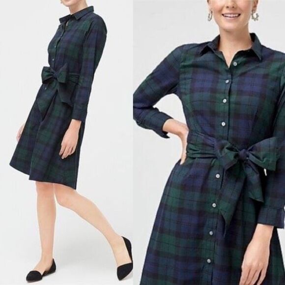 J. Crew Black Watch Tartan Plaid Knew Length Shirt Dress Size 2 Blue & Green - Picture 1 of 12